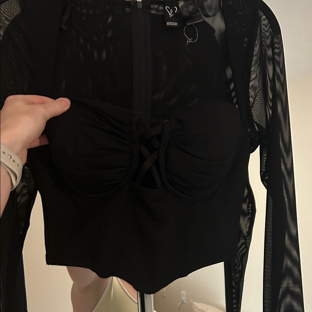 Windsor Black Bustier Crop Top with Sheer Long Sleeves